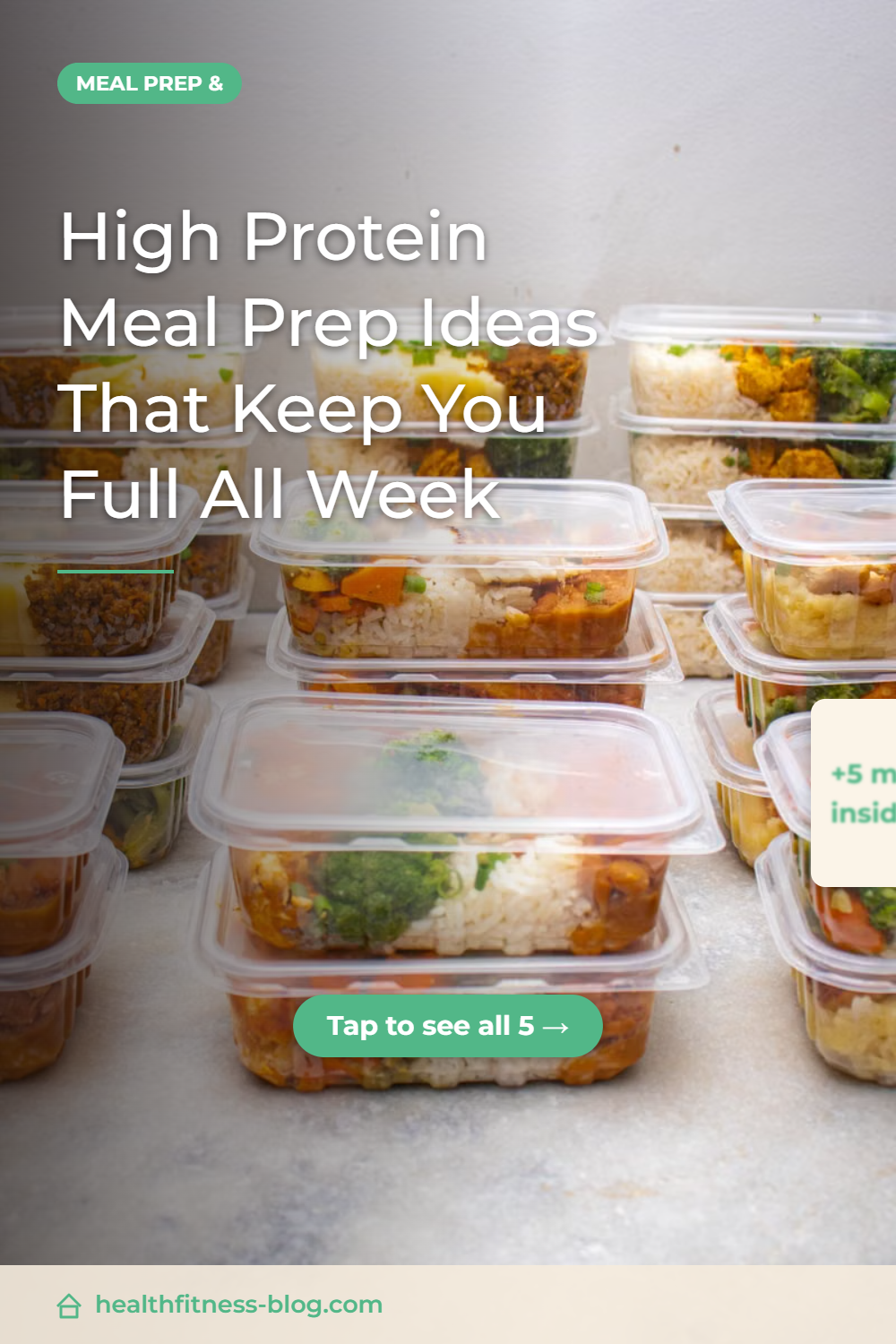 Weekly high protein meal prep laid out in glass containers