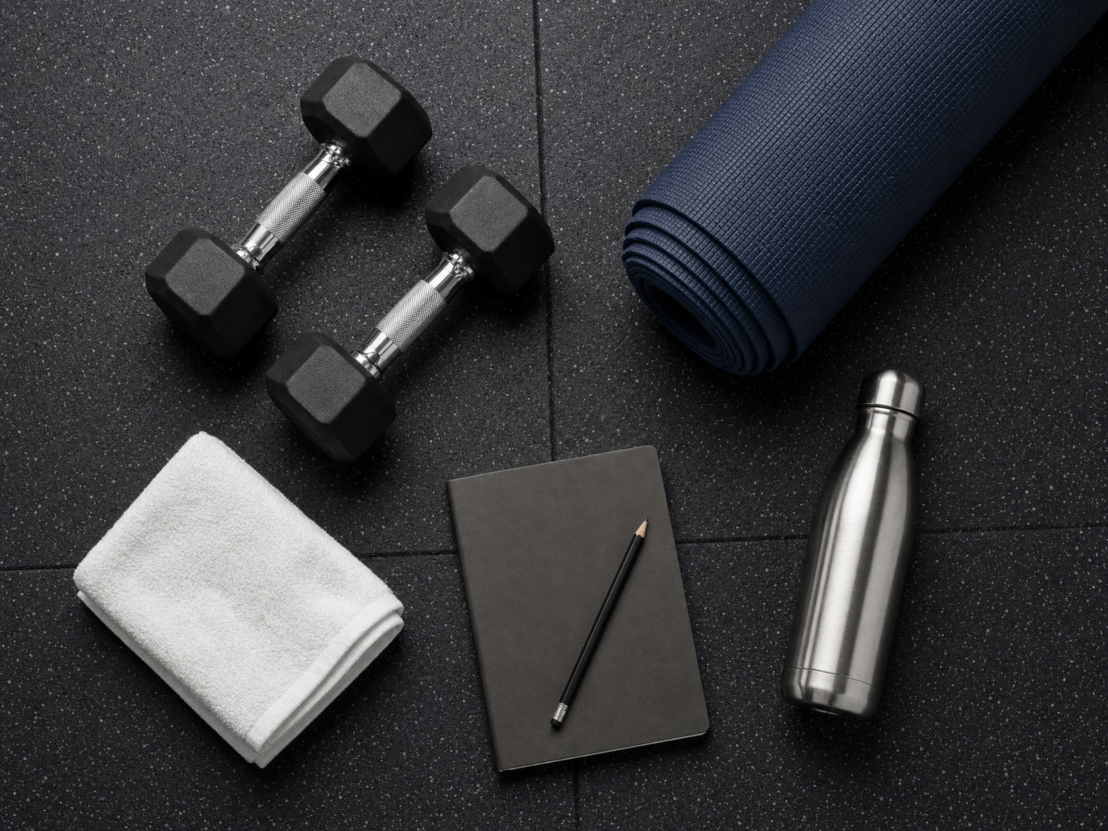 Flat lay of beginner gym essentials: hex dumbbells, rolled exercise mat, water bottle, towel and training notebook